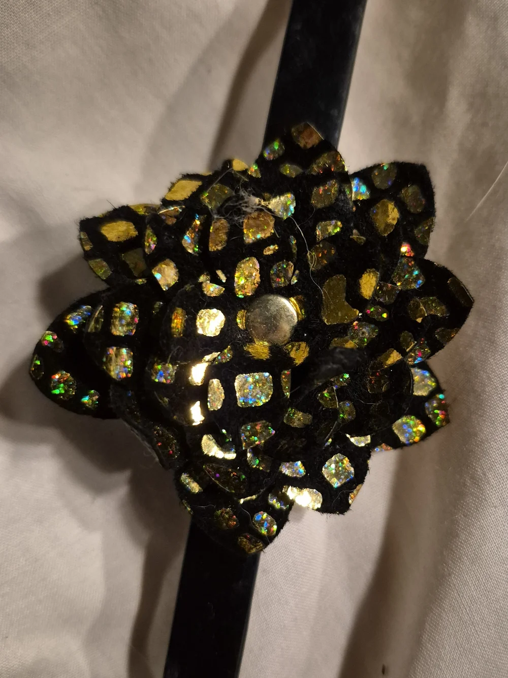 Rustic Cuff Black Floral Bracelet with Iridescent Accents